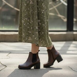 Sun + Stone Brown Leather Chelsea Block Heel Ankle Boots